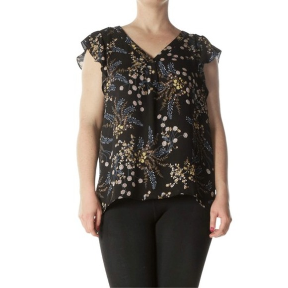 Philosophy Floral Ruffle Sleeve Blouse V-Neck Top Elegant Black Medium - Picture 4 of 5